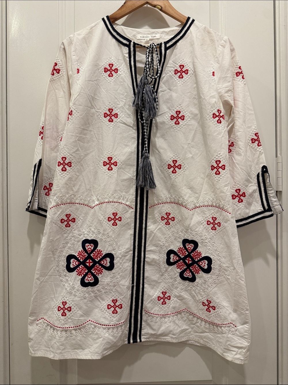 Endless Rose White tunic dress with Navy Braided Detail